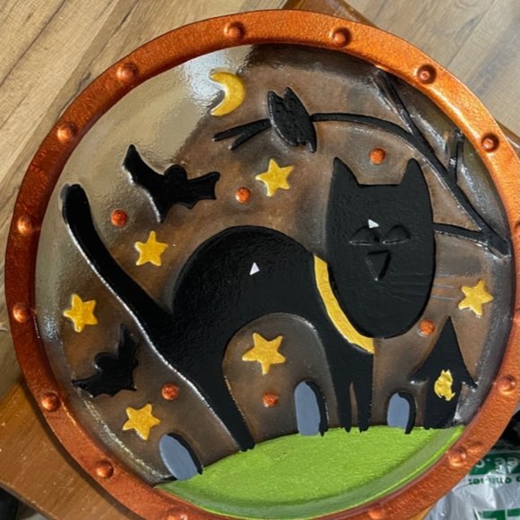 Glass Peggy Karr Halloween Platter with Black Cat and Bats - Picture 2 of 3